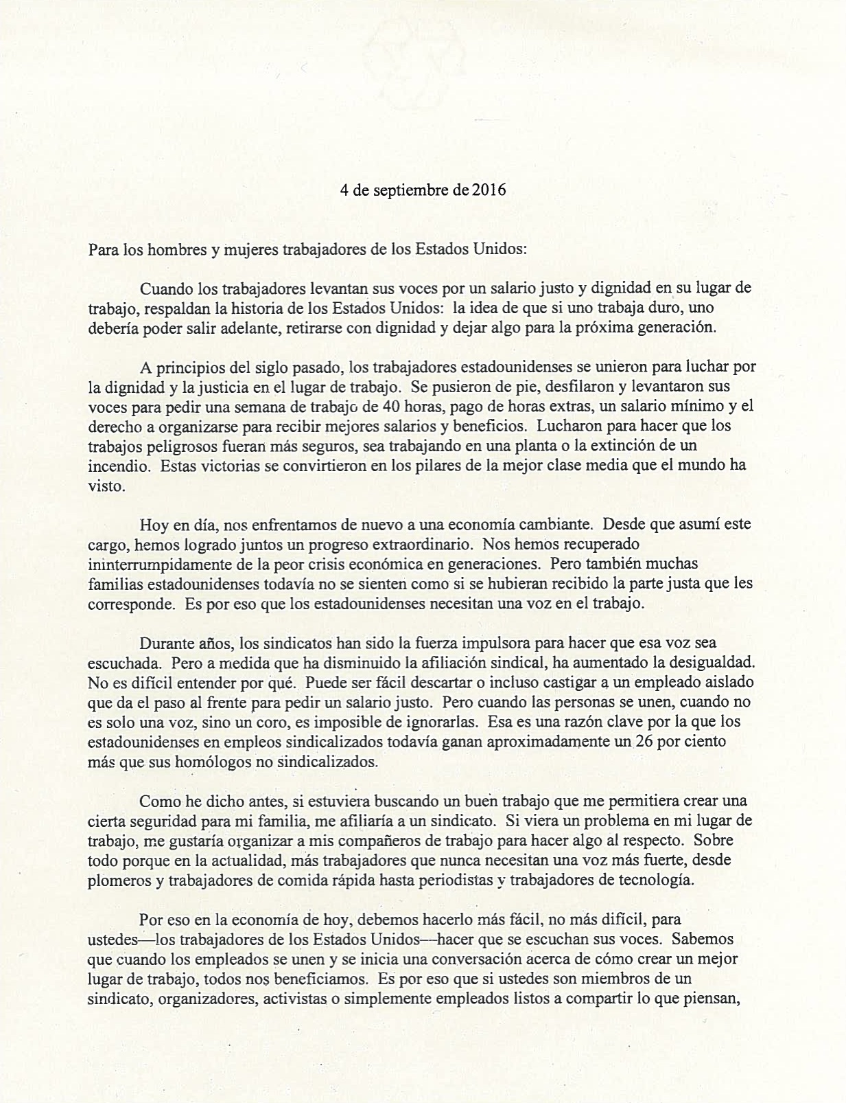 Labor Day Letter from President Obama (Spanish version)