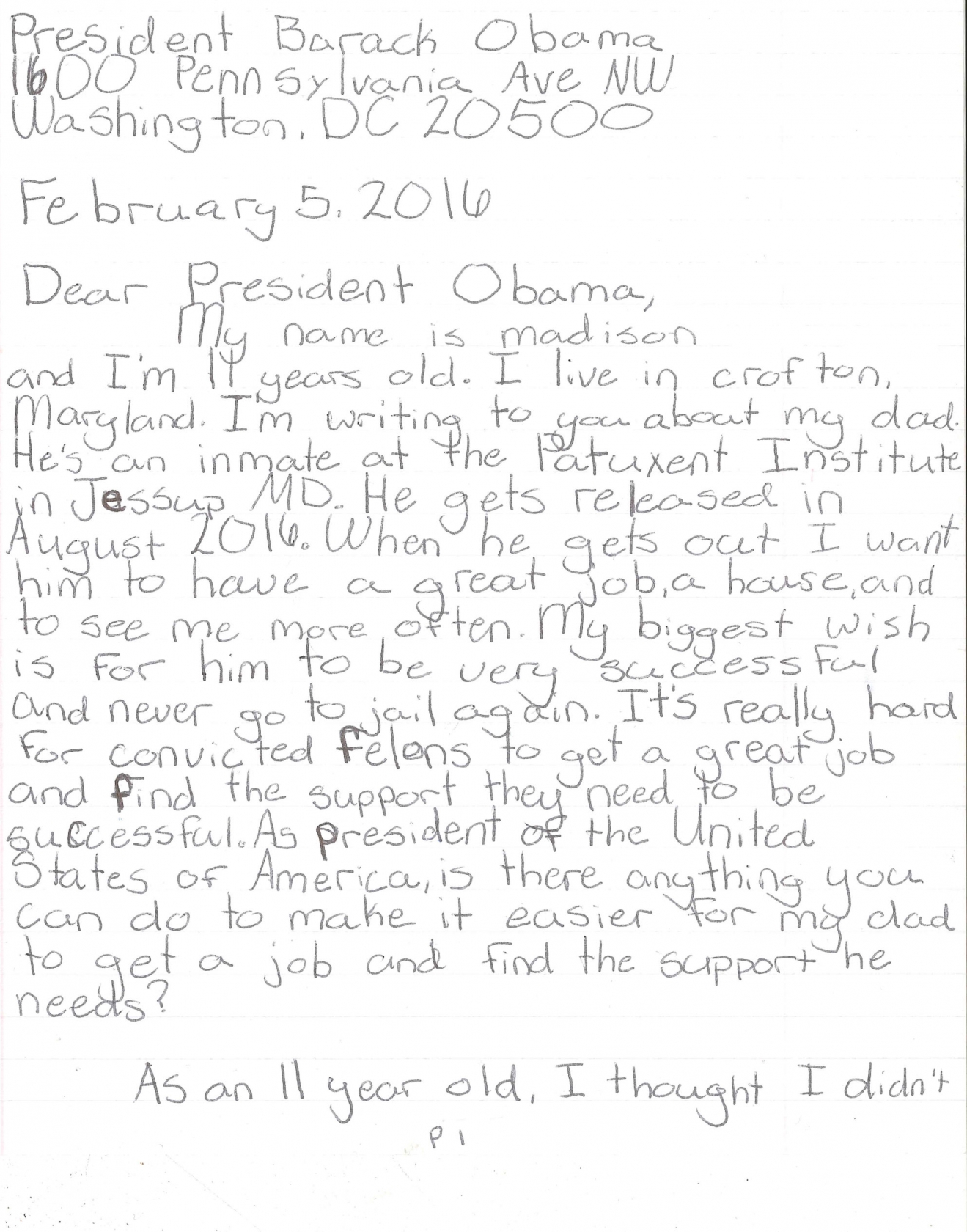 Page 1 of Madison's Letter to President Obama