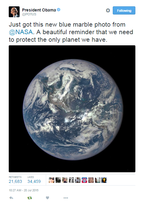 POTUS tweets about the NASA Blue Marble Image.