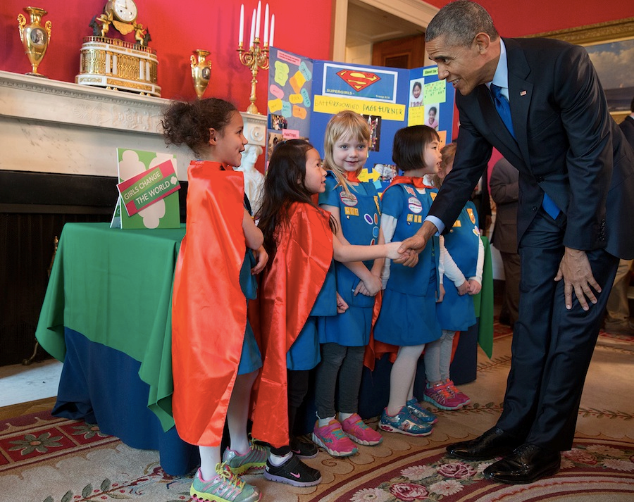 President Obama greets Girl Scouts from Tulsa, Oklahoma, at the 2015 White House Science Fair in the Red Room.
