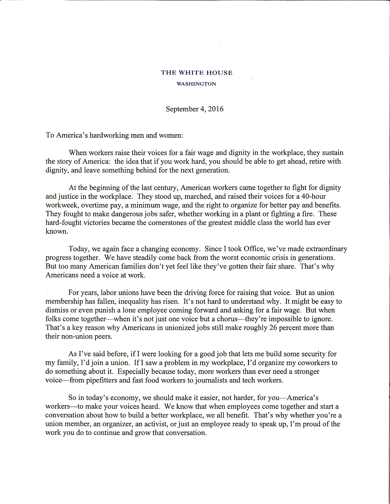 President Obama's letter on Labor Day (1 of 2)