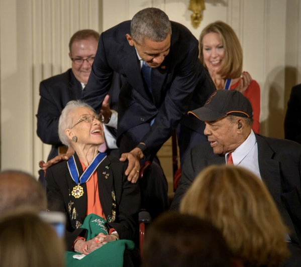 President Barack Obama presents former NASA mathematician Katherine Johnson with the Presidential Medal of Freedom on, Tuesday, Nov. 24, 2015. (Photo Credit: NASA/Bill Ingalls).
