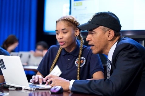President Obama sits with young coders at a Computer Science for All event at the White House in January 2016. (Official White House Photo)