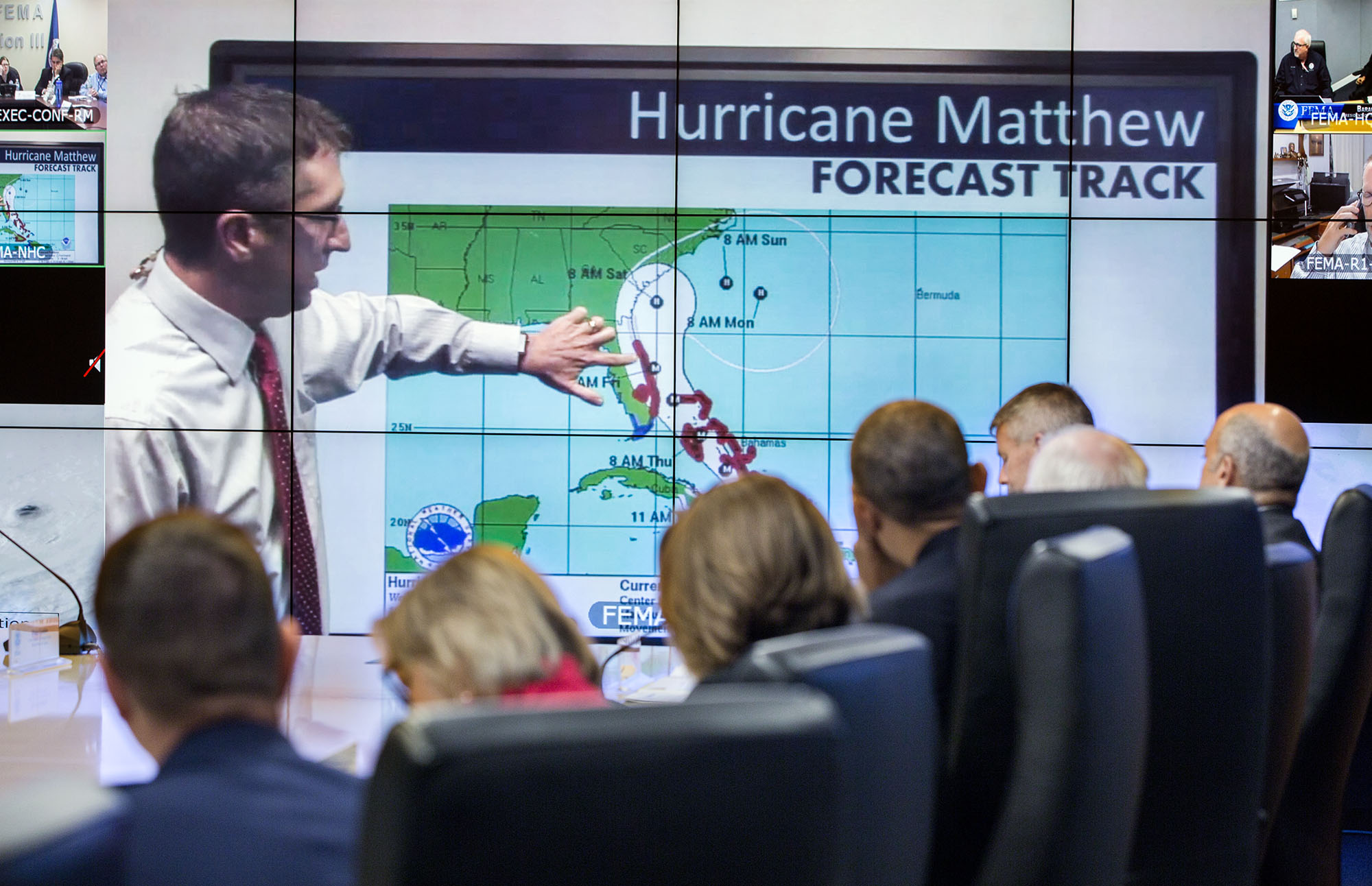 President Obama receives an update on Hurricane Matthew at FEMA HQ 