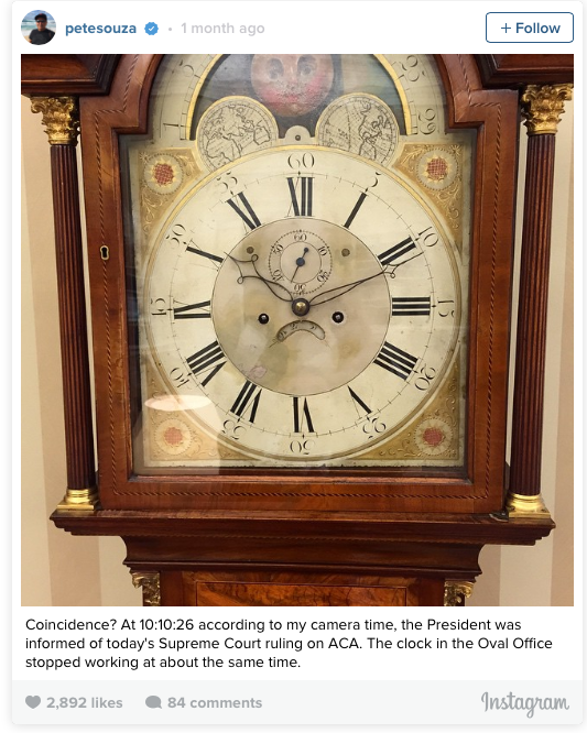 Coincidence? At 10:10:26 according to my camera time, the President was informed of today's Supreme Court ruling on ACA. The clock in the Oval Office stopped working at about the same time.