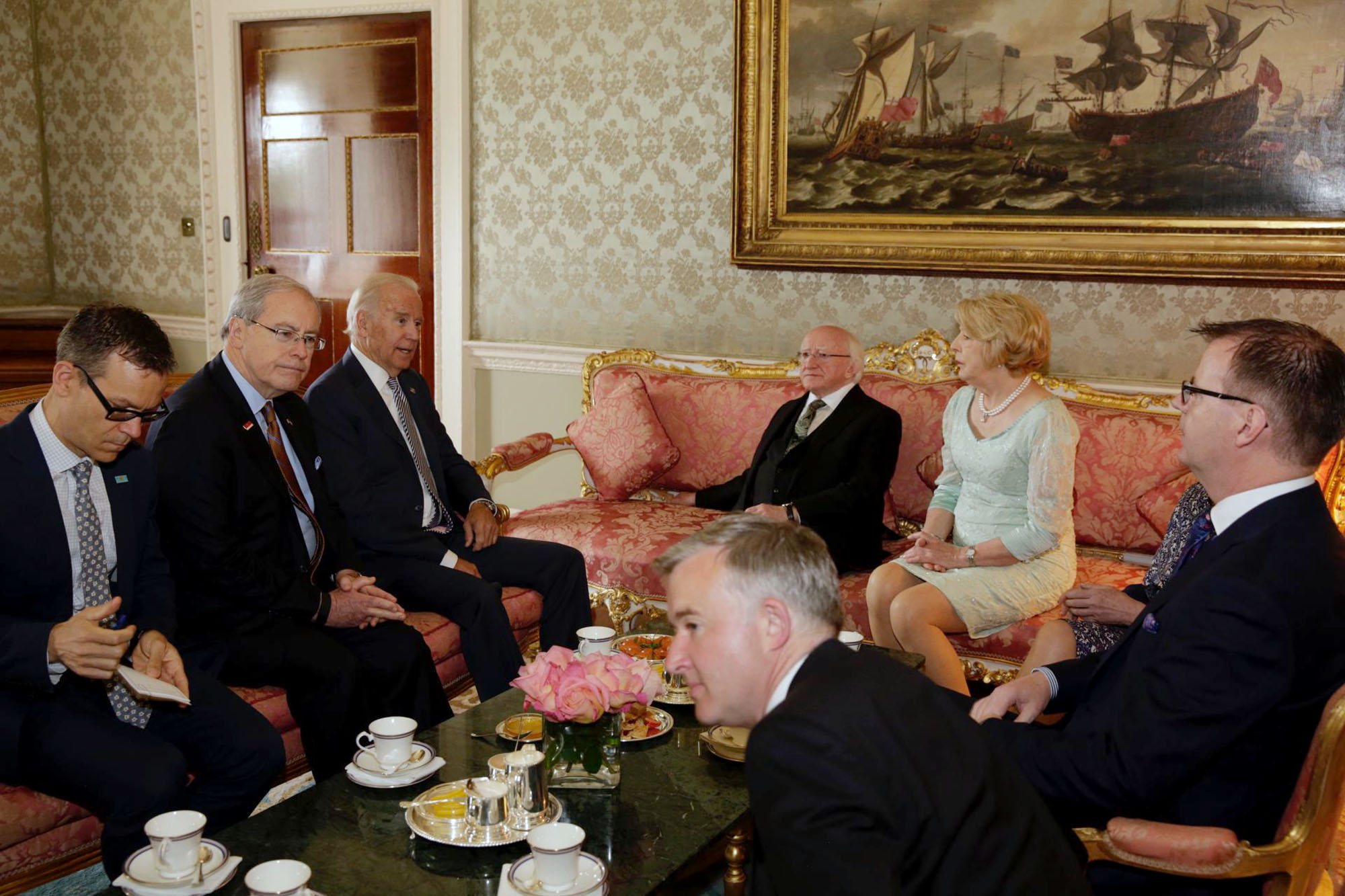 Vice President Joe Biden attends a bilateral meeting with President Michael Higgins at the President's Residence in Dublin, Ireland, June 22, 2016. Also in attendance are U.S. Amb. to Ireland Kevin O'Malley, Colin Kahl, Mrs. Sabina Higgins, Ireland Amb. to the U.S. Anne Anderson; Art O’Leary, Secretary General to the President; Liam Herrick, Adviser to the President. (Official White House Photo by David Lienemann)