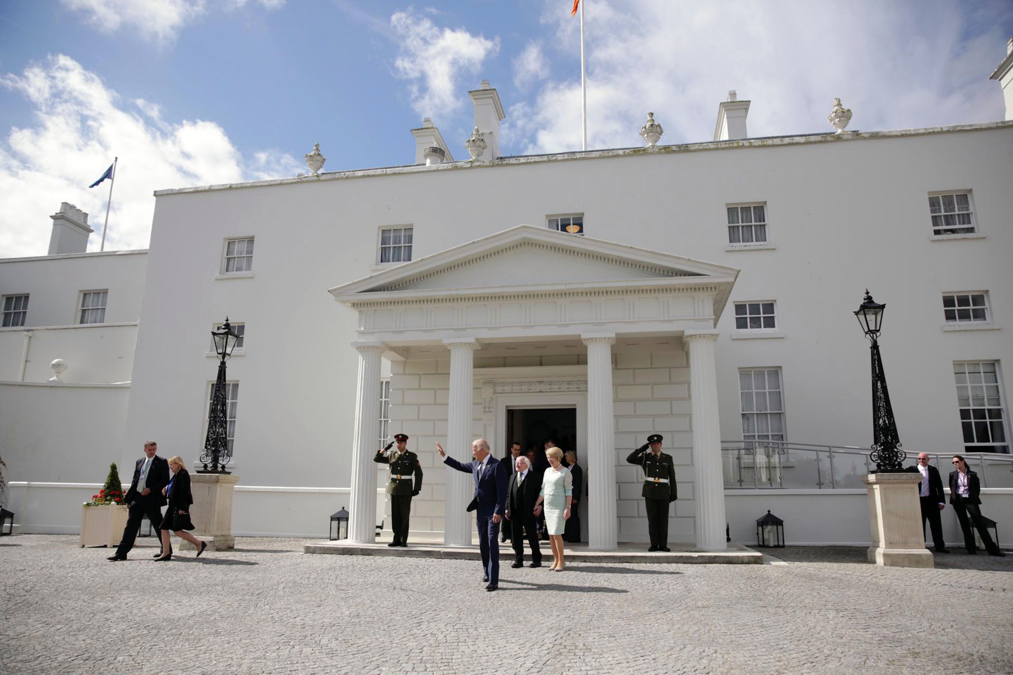 Vice President Joe Biden waves as he departs the President's Residence following a bilateral meeting with President Michael Higgins in Dublin, Ireland, June 22, 2016.  (Official White House Photo by David Lienemann)