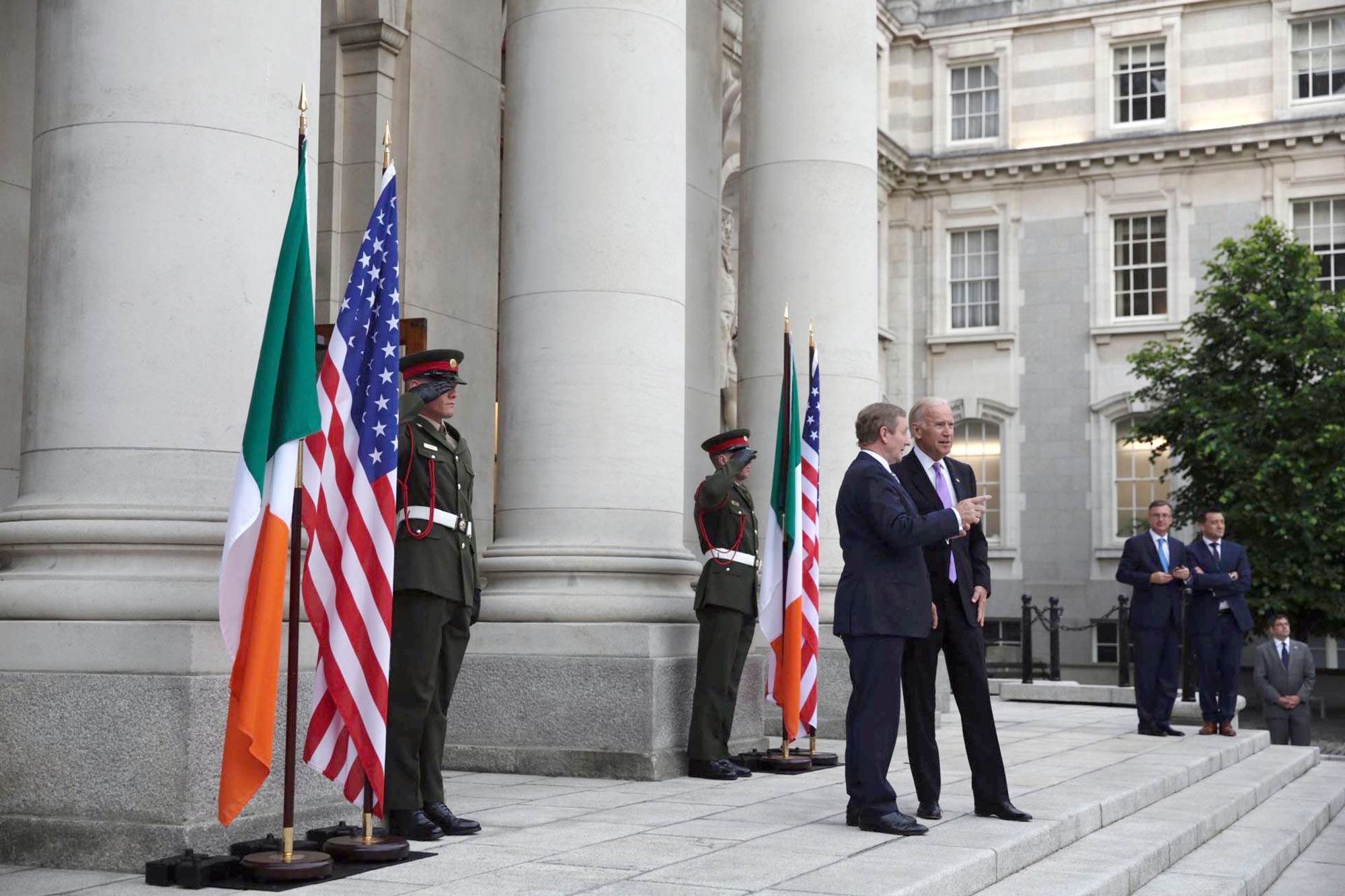 Vice President Joe Biden is greeted by Taoiseach Kenny outside the government building before their bilateral meeting, in Dublin, Ireland, June 21, 2016. (Official White House Photo by David Lienemann)