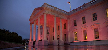 The White House North portico is lit pink in support of breast cancer awareness