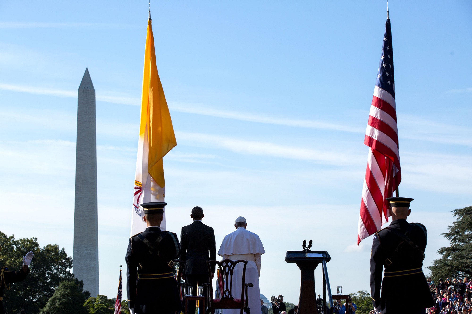 President Obama and Pope Francis listen to the national anthem of the Holy See. (Official White House Photo by Pete Souza)