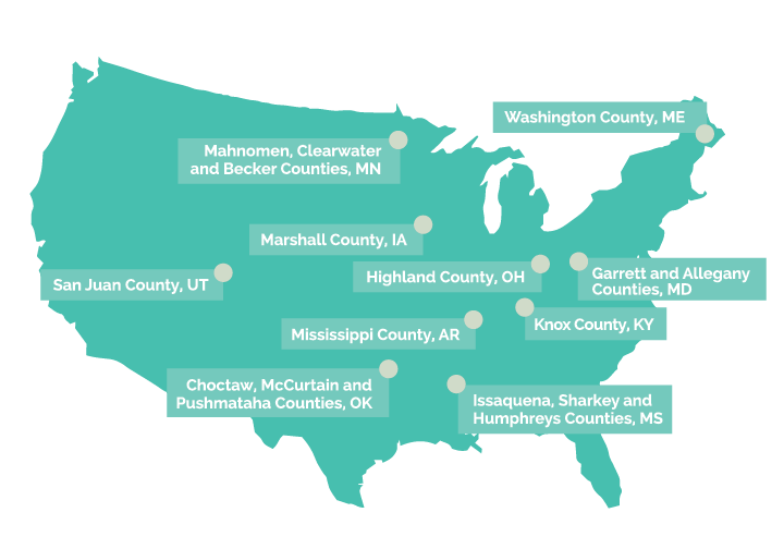 Service Areas of the 10 Rural IMPACT Demonstration sites. Source: Annie E. Casey Foundation.