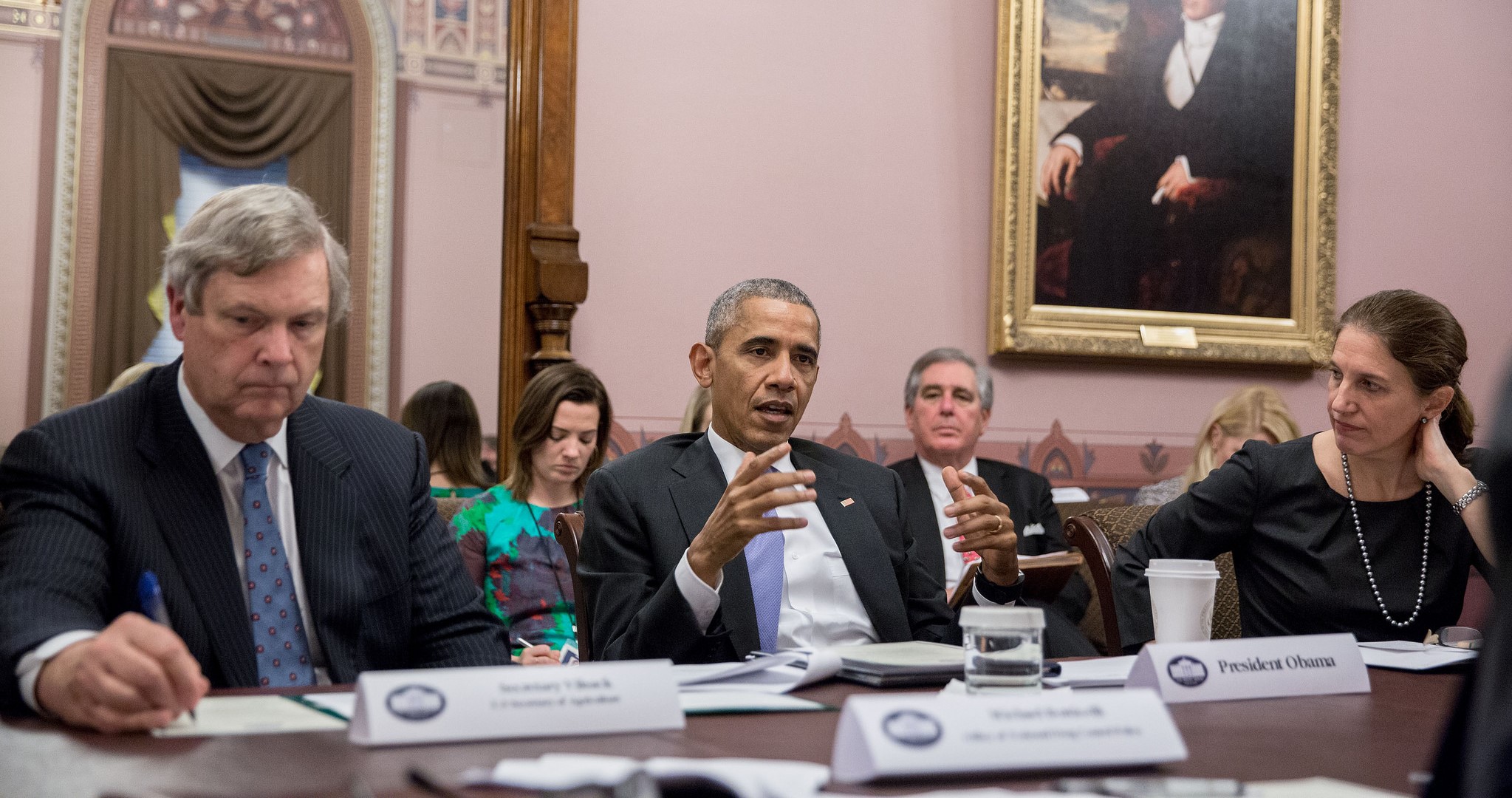 President Barack Obama drops by the Rural Council meeting in the Eisenhower Executive Office Building of the White House, Feb. 3, 2016.